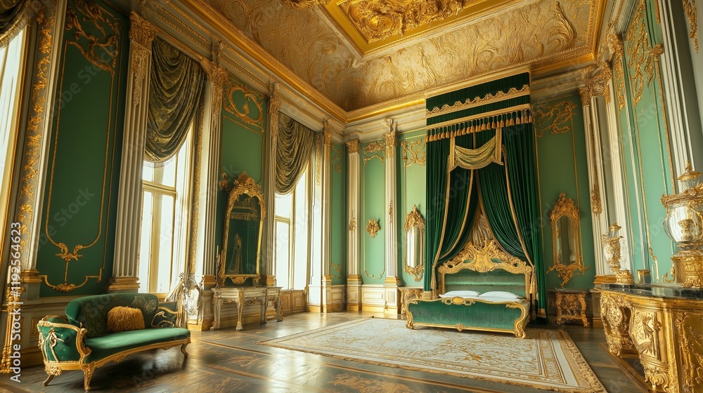 Naklejka premium Elegant green palace bedroom interior and luxurious bed in a historic setting