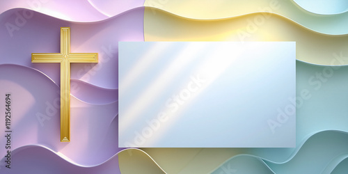Christian Cross religion background, pastel lilac gold yellow, geometric copy space for healing scriptures, gospel, bible message Jesus Christ, Easter.