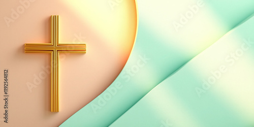 Religious background Christian religion cross, pink pale green gold geometric swirls, copy space for Bible verse, gospel quote of the day, church prayer requests announcements invitations