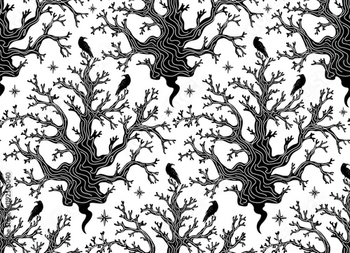 spooky creepy gothic twisted tree and raven in black  and white seamless pattern