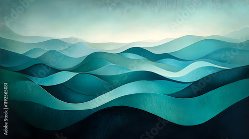 A futuristic abstract landscape with undulating waves in shades of teal and aqua, illuminated by soft, glowing highlights that suggest depth and motion 