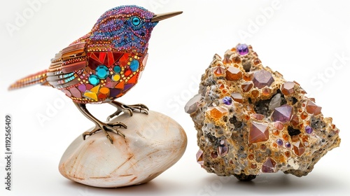 A wren bird statue, designed with colorful stones, standing beside a gemstone-encrusted rock, isolated on white.