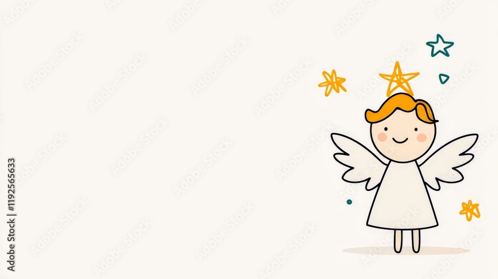 Minimalist illustration of a childlike angel with golden crown and floating stars, symbolizing innocence, wonder, and spiritual purity in a whimsical and uplifting artistic design Minimalist illustration of a childlike angel with golden crown and floating stars, symbolizing innocence, wonder, and spiritual purity in a whimsical and uplifting artistic design