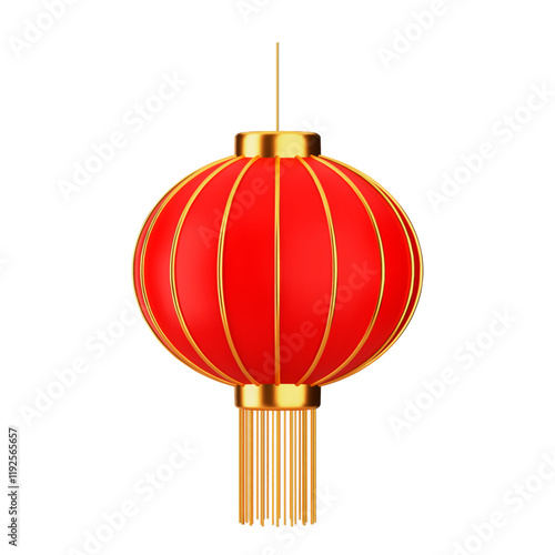 3d red Chinese lantern with golden accents. Asian festival element. Stock vector illustration on isolated background.