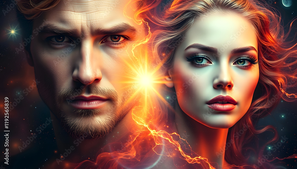Obraz premium Creative fantasy portrait of masculine and feminine energy in cosmic with vibrant colors. AIG27, cinematic, with white tones