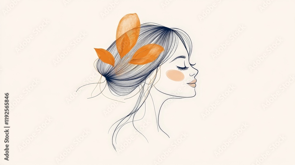 Stylized side profile of a young woman with windswept silver hair adorned with orange leaves, evoking themes of seasonal change, grace, and emotional resonance in minimalist art Stylized side profile of a young woman with windswept silver hair adorned with orange leaves, evoking themes of seasonal change, grace, and emotional resonance in minimalist art