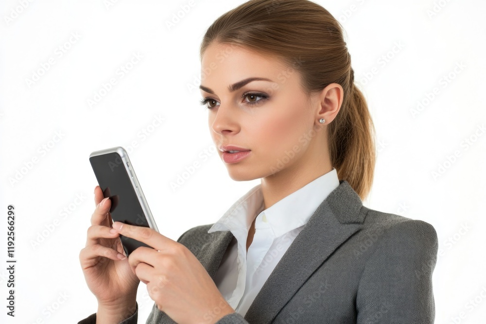 A woman in a business suit holds a cell phone, ready for use A woman in a business suit holds a cell phone, ready for use