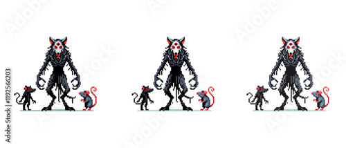 Pixel art depicting a menacing wererat with two smaller rats on either side creating a dark fantasy scene.