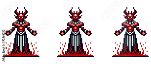 A pixelated image of Lucifer with a menacing appearance, in black and red armor, with fire around his legs, on a white background.