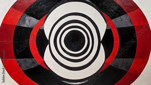 A hypnotic abstract design of concentric circles in alternating shades of black, white, and red, creating a bold and modern optical illusion  photo