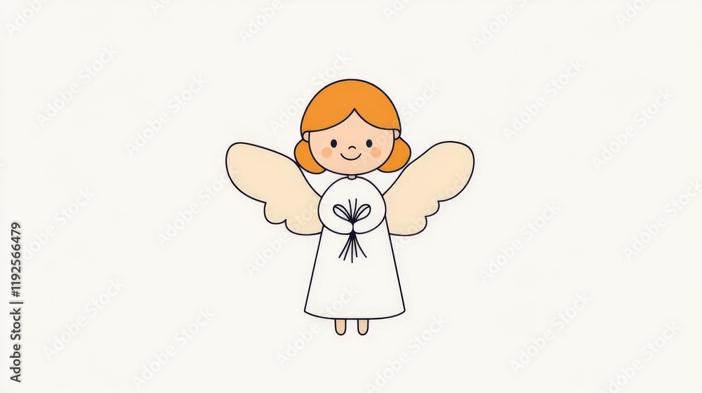 Cheerful angelic figure with open arms, playful expression, and minimalist floral details, conveying joy, innocence, and divine positivity in a whimsical vector design Cheerful angelic figure with open arms, playful expression, and minimalist floral details, conveying joy, innocence, and divine positivity in a whimsical vector design