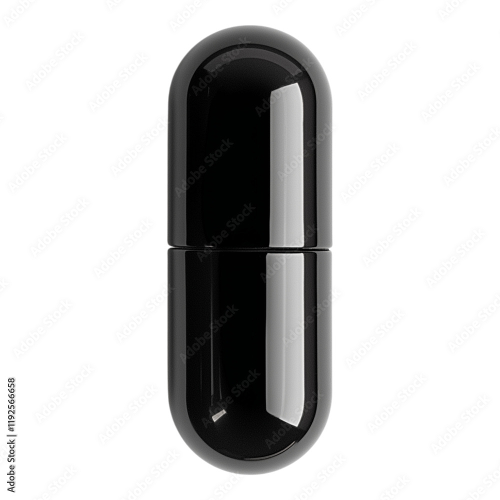 Top view of a centered black capsule pill on a white background Top view of a centered black capsule pill on a white background
