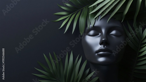 Black mannequin head resting peacefully among tropical leaves on dark background photo