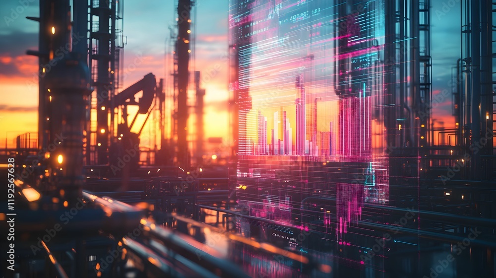 Fototapeta premium Sunset over an industrial landscape with digital data overlay highlighting tech integration