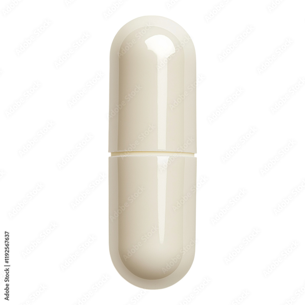 Top view of a centered white capsule pill on a white background Top view of a centered white capsule pill on a white background