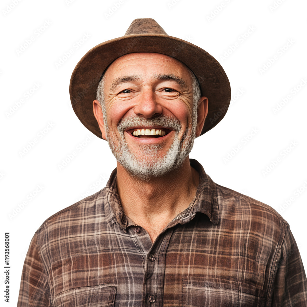 Cheerful senior Caucasian man in hat isolated on transparent background Cheerful senior Caucasian man in hat isolated on transparent background