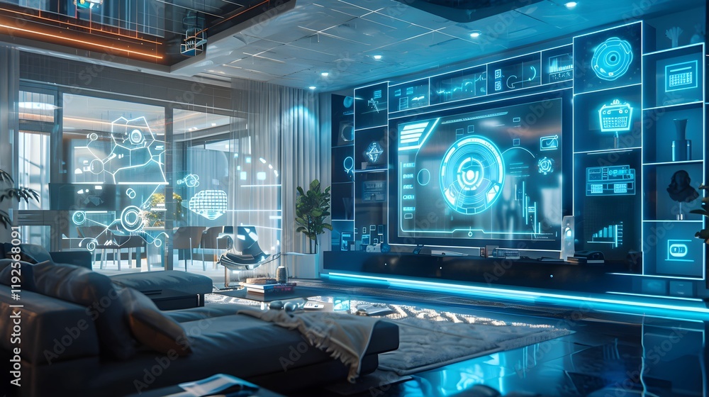 Obraz premium Modern living room with futuristic digital displays and sleek furniture design