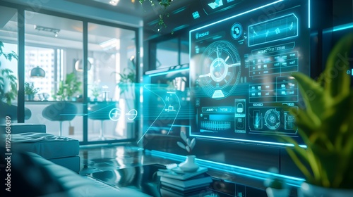 Wallpaper Mural Modern living room with futuristic holographic technology and indoor plants at sunset Torontodigital.ca