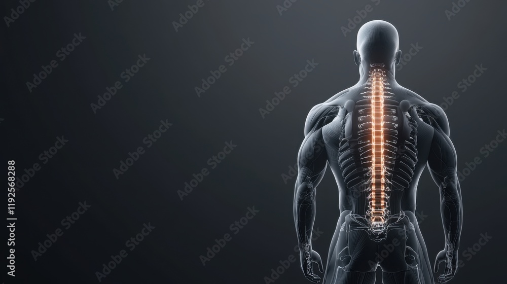 Anatomical Illustration of a Male Human Body with Highlighted Spine and Skeleton against Dark Background Anatomical Illustration of a Male Human Body with Highlighted Spine and Skeleton against Dark Background