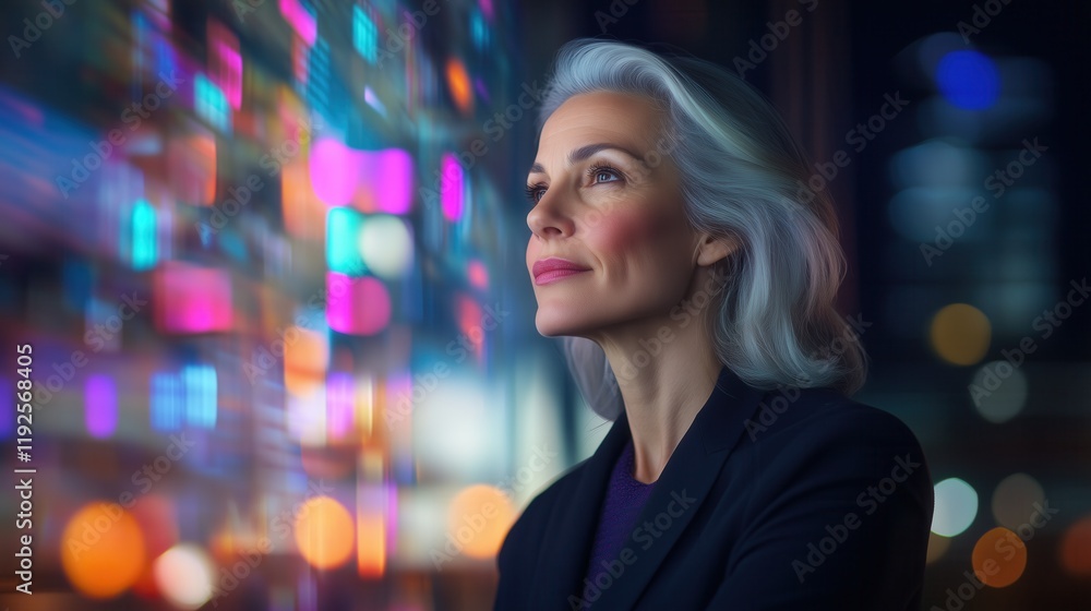 Obraz premium Elegant Mature Businesswoman Reflecting on Technology and Innovation in a City Environment