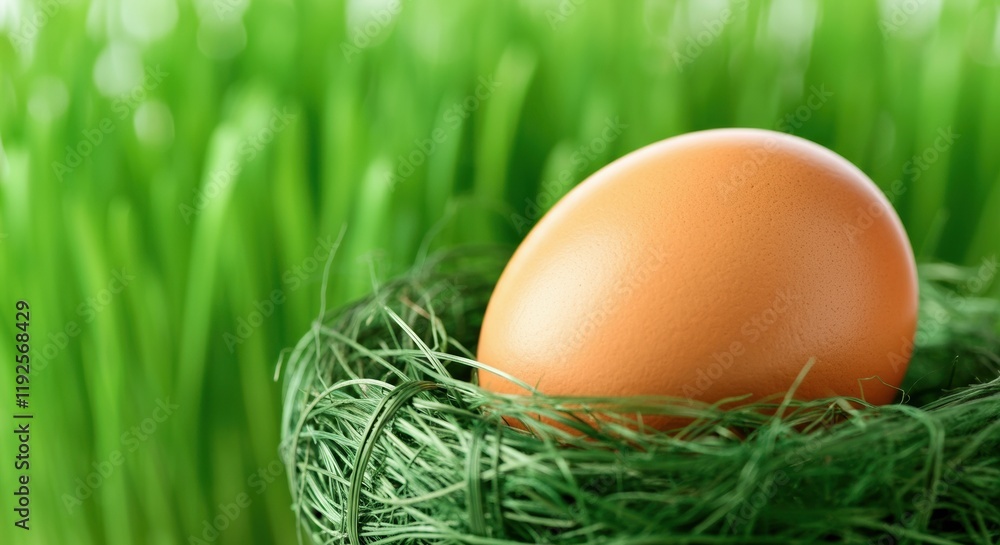 Brown egg resting in a nest of green grass Brown egg resting in a nest of green grass