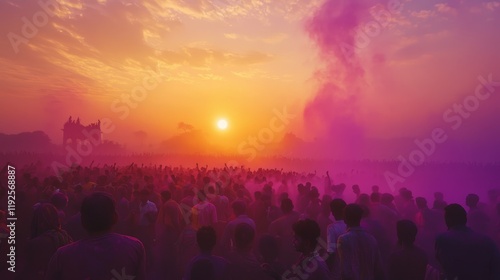 Serene Holi Celebration at Dawn with Sunlight and Colorful Smoke Effects