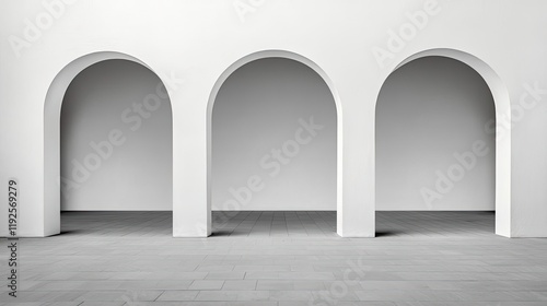 Minimal symmetry idea. Minimalist interior with three elegant arches against a white wall in a serene setting.