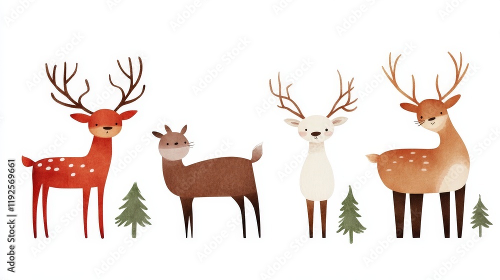 Obraz premium Elegant lineup of deer with large antlers and subtle Christmas themed elements in muted pastel tones, blending winter festivity with wildlife appreciation in serene illustration art