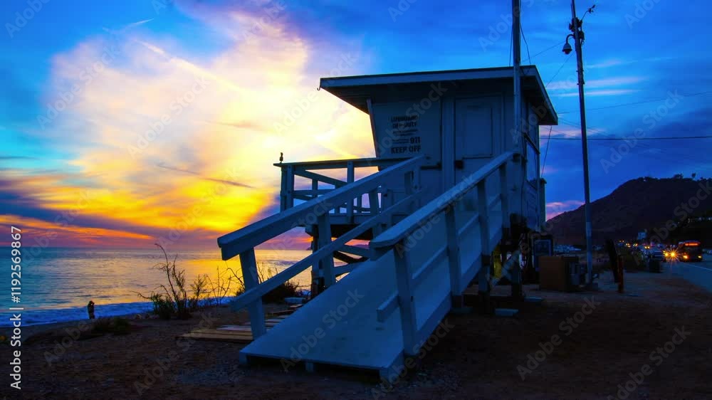 Lockdown Time Lapse Shot Of Lifeguard Hut By Wavy Sea At Beach From Sunset To Night - Los Angeles, California Lockdown Time Lapse Shot Of Lifeguard Hut By Wavy Sea At Beach From Sunset To Night - Los Angeles, California