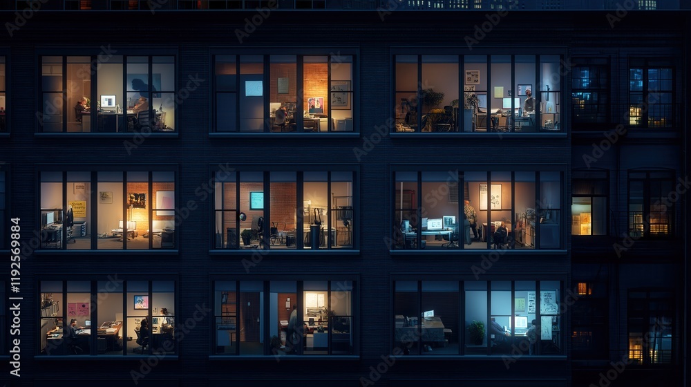 Nighttime View of a Multi-Story Office Building with Illuminated Workspaces Nighttime View of a Multi-Story Office Building with Illuminated Workspaces