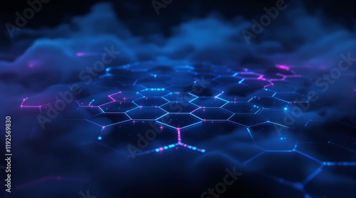 Futuristic glowing hexagon grid with neon blue magenta lights for digital art posters branding sci-fi visuals social media content