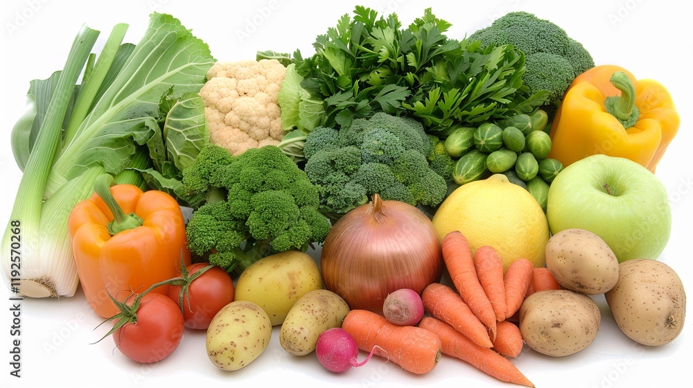 Fresh colorful vegetables and fruits arranged in vibrant pattern on white surface, symbolizing healthy diet and nutrition for digestive wellness and gut health. Fresh colorful vegetables and fruits arranged in vibrant pattern on white surface, symbolizing healthy diet and nutrition for digestive wellness and gut health.