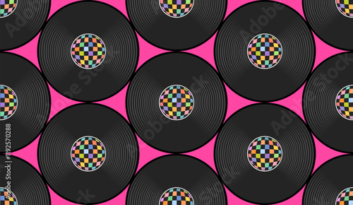 retro music vinyl record with groovy rainbow colorful checkers seamless pattern on hot pink