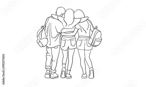 Friendly 6 girls hugs continuous line art drawing isolated on white background. Teenager group, students outline. Vector illustration

