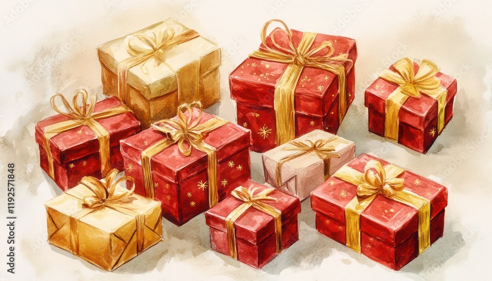 Obraz premium A festive watercolor of New Year gift boxes wrapped in rich crimson and golden hues