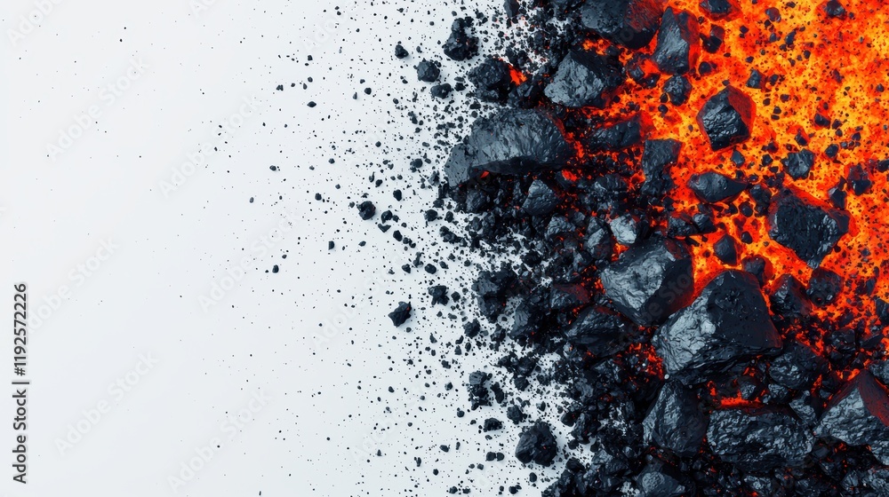 Fiery Lava Flow with Dark Rocks Splitting from Ashy Background Fiery Lava Flow with Dark Rocks Splitting from Ashy Background