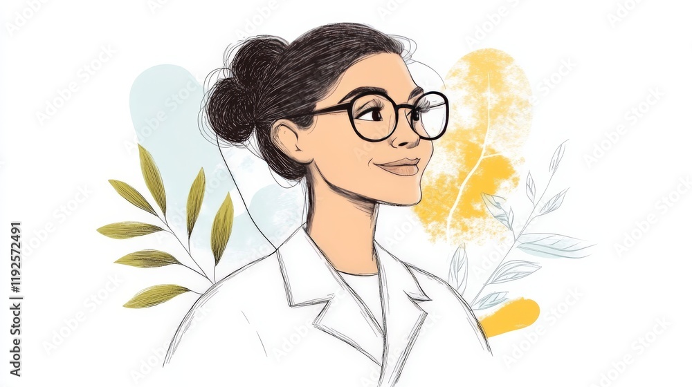 Female scientist with glasses and curly hair surrounded by botanical accents and soft pastel hues, symbolizing eco science, sustainability, and knowledge in a creative and modern style