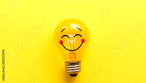 Yellow light bulb with happy face - flat lay, colorful, with white tones