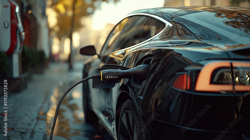 EV charger handle plugged in or connect to electric car. ai generated EV charger handle plugged in or connect to electric car. ai generated