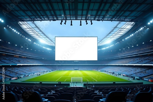 Large blank LED screen in football stadium with empty seats. Scoreboard for sport matches with copy space