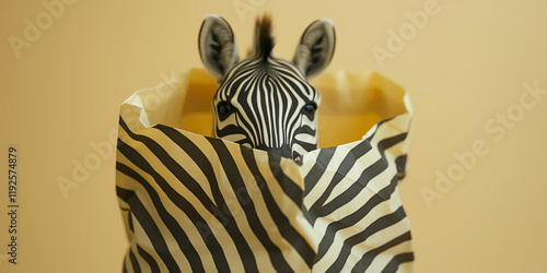 Zebra Peeking from Striped Paper Bag Creative Animal Concept with Beige Background photo