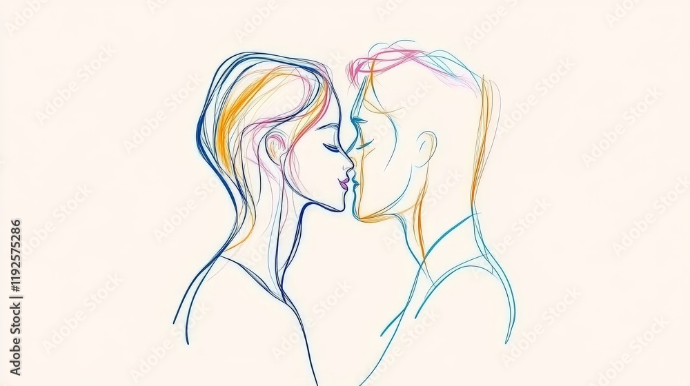 Abstract gradient sketch of two figures sharing an intimate moment with a colorful fluid blend, radiating affection and emotional depth Abstract gradient sketch of two figures sharing an intimate moment with a colorful fluid blend, radiating affection and emotional depth