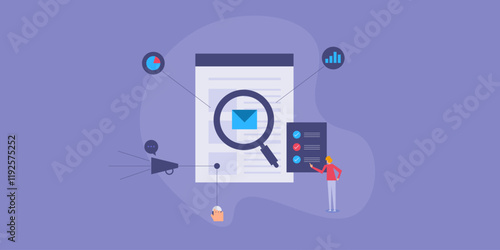 Email campaign performance results analysis, digital marketing strategist monitoring data and checklist, vector illustration.