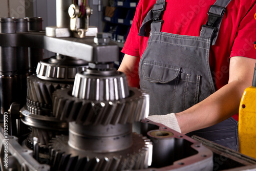 Truck gearbox repair. Selective focus.