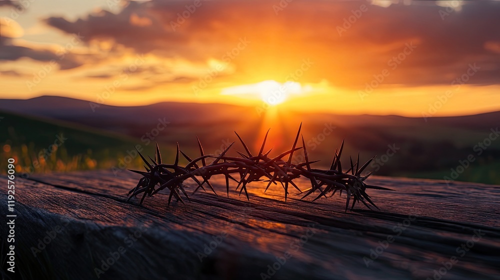 A reflective scene of a crown of thorns on aged wood, with rolling hills and mountains under a warm sunset. A reflective scene of a crown of thorns on aged wood, with rolling hills and mountains under a warm sunset.