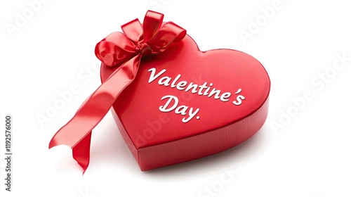 A red heart-shaped gift box with a satin ribbon, isolated on a white background, featuring the text "Valentine's Day."