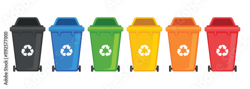Many garbage cans with sorted garbage. Sorting garbage. Ecology and recycle. Trash cans. Green, yellow, orange, red, blue and black recycle bins with recycle symbol isolated on white background.