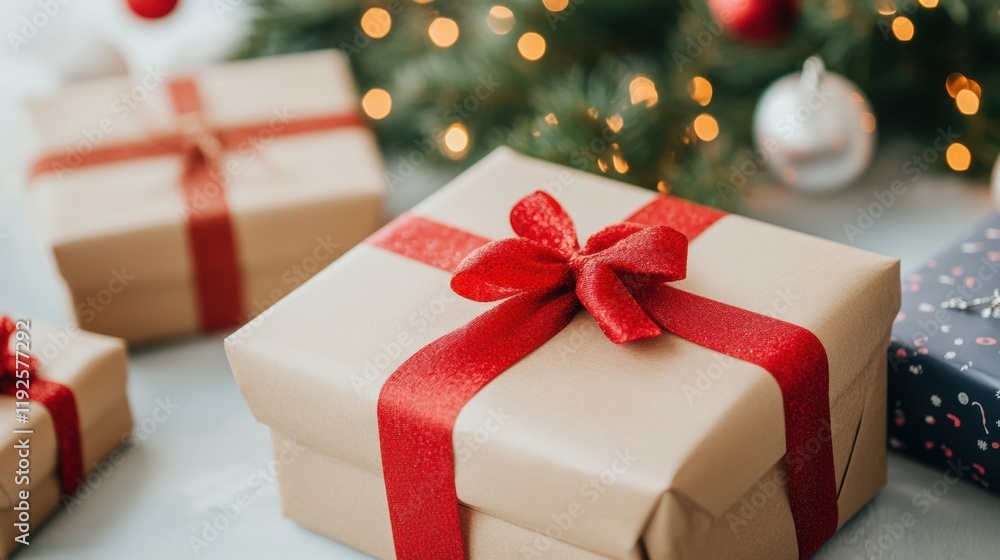 Festively wrapped gifts in brown paper with red bows sit on a table, surrounded by shimmering Christmas lights and decorations. Festively wrapped gifts in brown paper with red bows sit on a table, surrounded by shimmering Christmas lights and decorations.