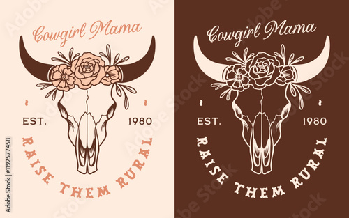 Cowgirl mama country mom raise them rural homestead farm animal funny SAHM quotes mother's day gifts shirt design. Floral cow bull skull retro vintage western cottagecore aesthetic printable card.