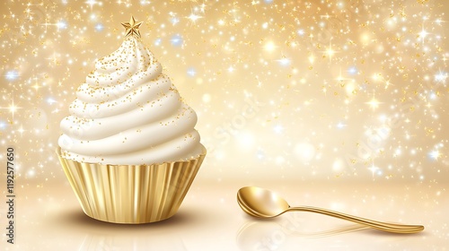 Golden Cupcake with Star Topping on Glittery Background photo